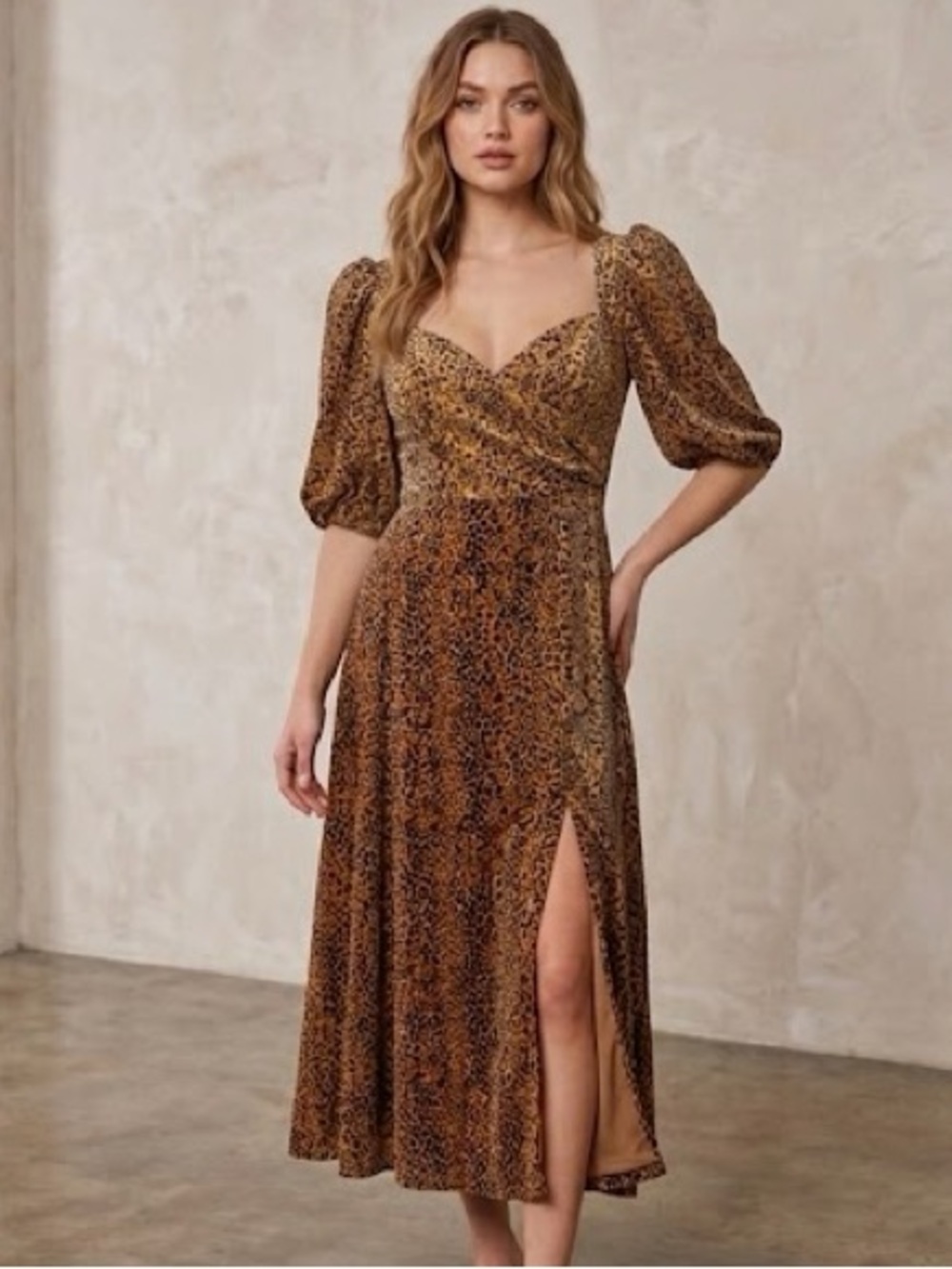 Wayf Brown and Tan Cheetah Boho Puff Sleeve Dress Faux wrap dress maxi